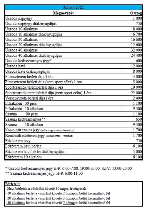 Komló Sportközpont árlista